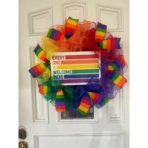 Everyone is Welcome Here Rainbow Pride Flag LGBTQ Sign Mesh Ribbon Wreath